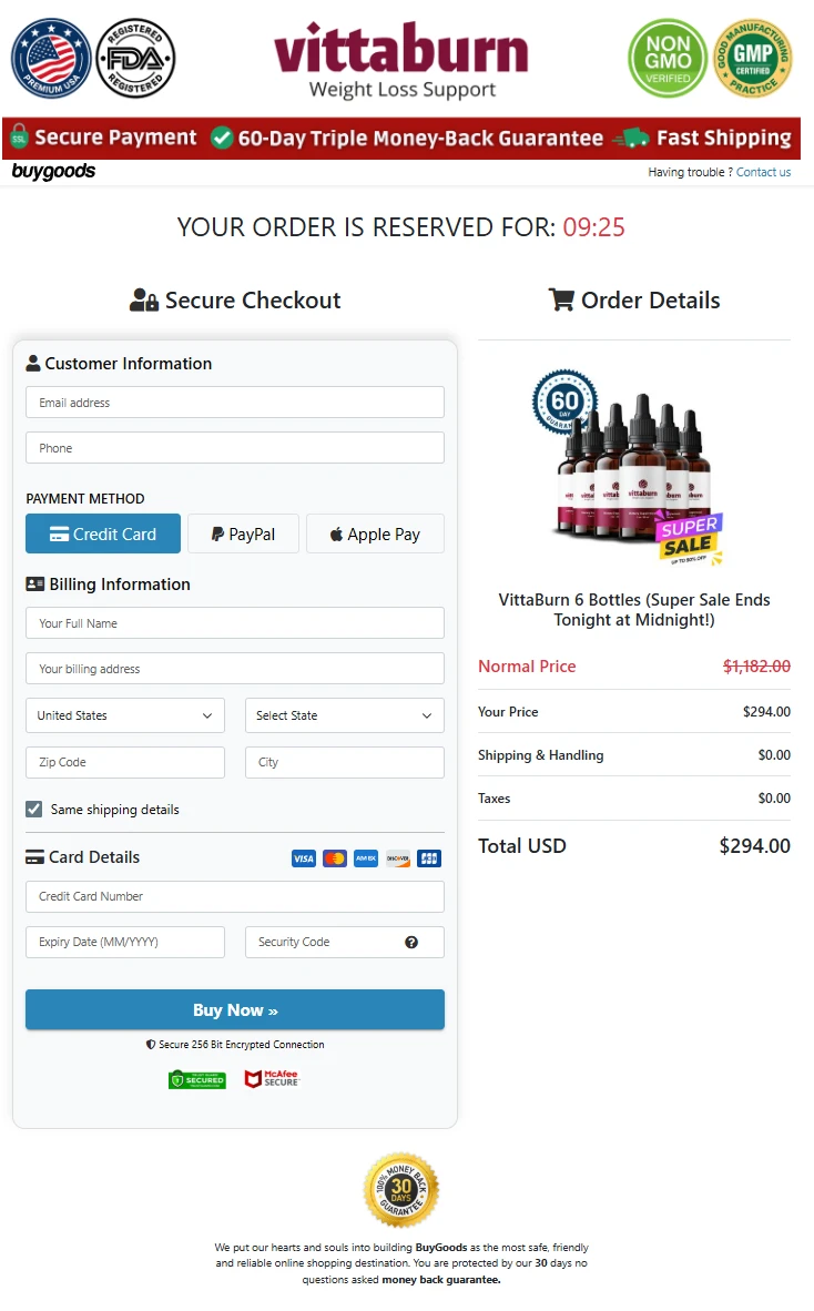 Vittaburn secure checkout page
